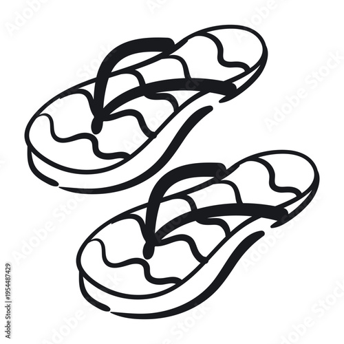 Hand drawn flip flops vector illustration. Minimalist black ink line art sketch of beach sandals isolated on white background for summer travel and vacation design.