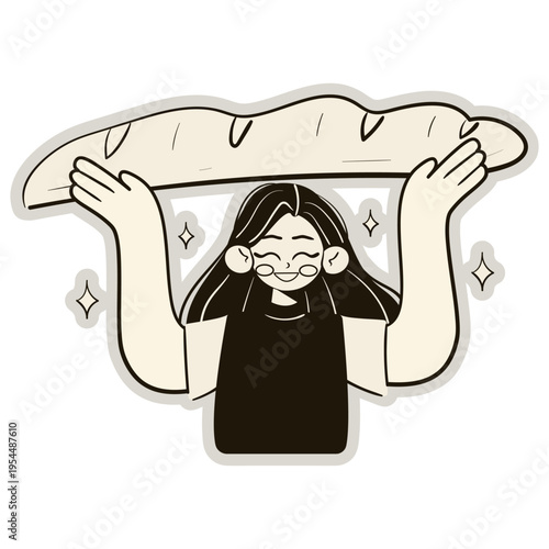 Happy woman holding a huge baguette sticker. Smiling person enjoy the enormous bread. Flat vector illustration.