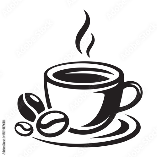 Hot coffee cup silhouette steaming with aromatic heat waves served on saucer and accompanied by roasted dark coffee beans on background