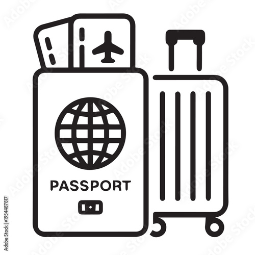 Travel documents and luggage icon with international passport airplane tickets and rolling suitcase for tourism and global vacation trips