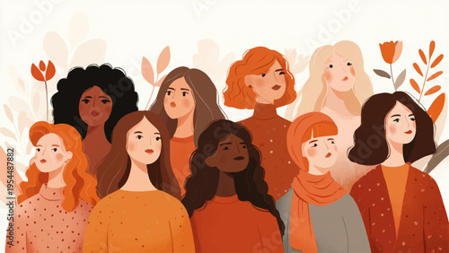 Vector illustration of diverse women group in orange tones