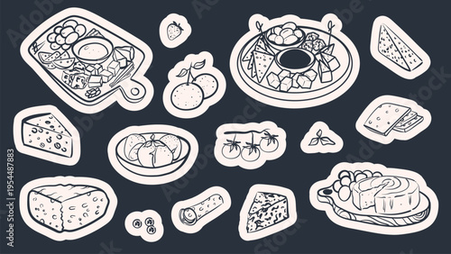 Hand drawn cheese sticker set with various types of cheese, charcuterie boards, grapes and tomatoes. Blue ink line art vector illustration of dairy products and snacks for menu design.