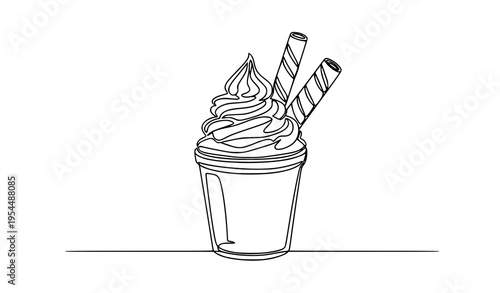 A minimalist line art illustration of a cup with whipped cream and straws