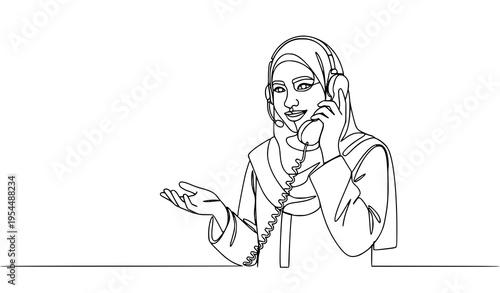A minimalist line art illustration of a smiling woman wearing a hijab and talking on a phone