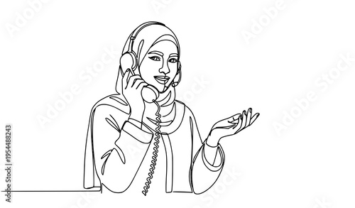A minimalist line art illustration of a smiling woman wearing a hijab and talking on the phone