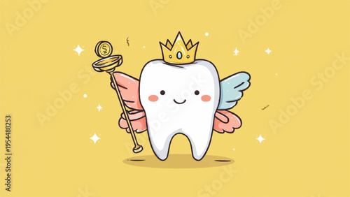 Vector illustration of a smiling tooth fairy with crown and wand