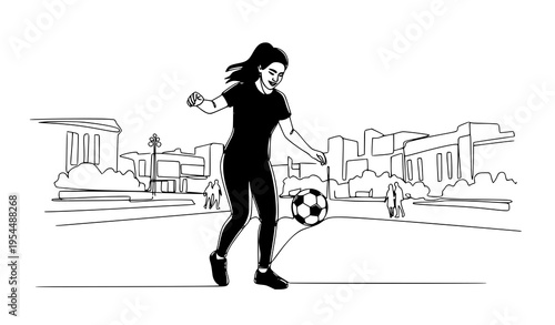 A woman playing soccer in a city with a modern urban landscape
