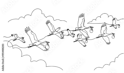 A minimalist line art illustration of birds flying in the sky