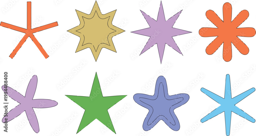 Obraz premium Colorful star shapes set in doodle sketch style, sparkle burst icons collection for decoration, celebration, and creative design