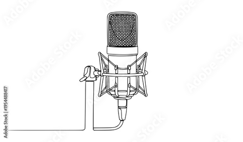 A minimalist line art illustration of a professional microphone on a stand