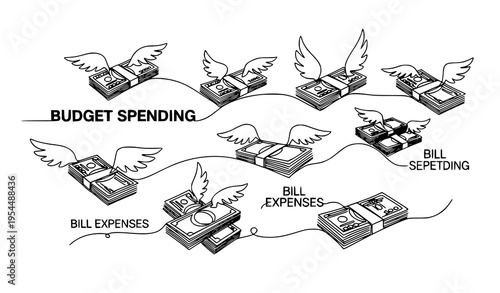 A vector graphic illustration of money with wings flying away for budget spending