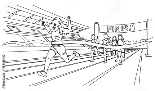 A woman crosses the finish line in a triumphant running illustration