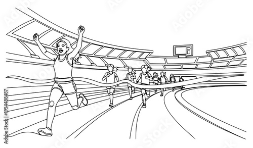 A woman crosses the finish line in a triumphant gesture at a track and field event