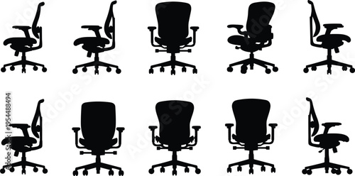 office chair silhouettes set, ergonomic swivel chairs collection, workspace furniture icons, modern office seating, black chair shapes, flat vector illustration