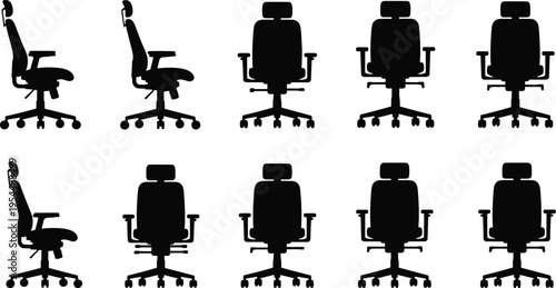 office chair silhouettes set, ergonomic seating collection, swivel chairs icons, workplace furniture design, modern office equipment, black silhouette style, flat vector illustration