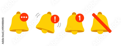 Notification bell icon for inbox message alert with badge and mute symbol. Minimal flat vector UI set
