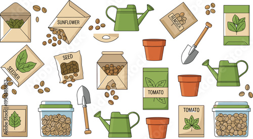 Gardening tools and seed packets vector set featuring watering can pots shovel envelopes jars and plant supplies in flat illustration collection