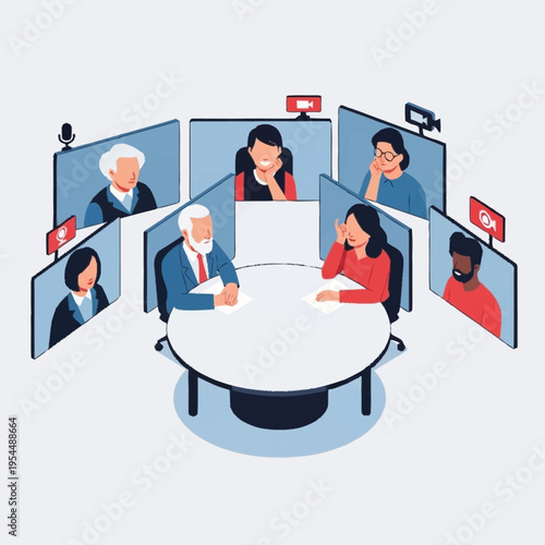 Illustration of a virtual meeting with people on screens around a table.
