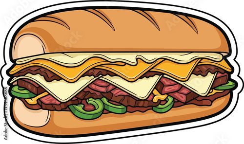 Philly Cheesesteak Sandwich Illustration with Melted Cheese and Peppers Isolated