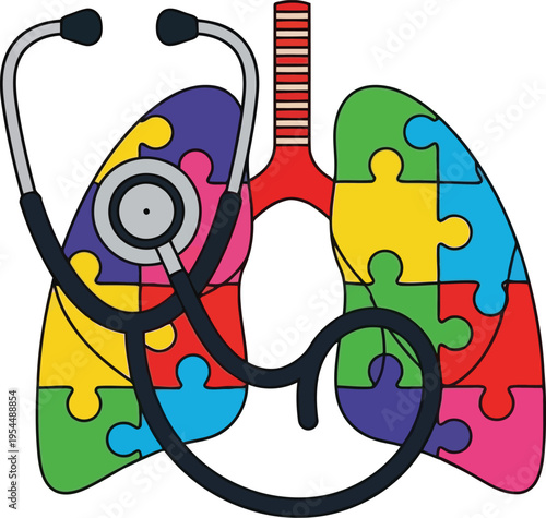 Stethoscope Over Colorful Jigsaw Puzzle Human Lungs Concept for Medical Awareness