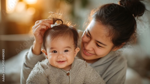 The mother is styling her baby daughter's hair into a small ponytail, tied with a cute little bow, in the morning. The atmosphere is filled with the warmth of mother and child.