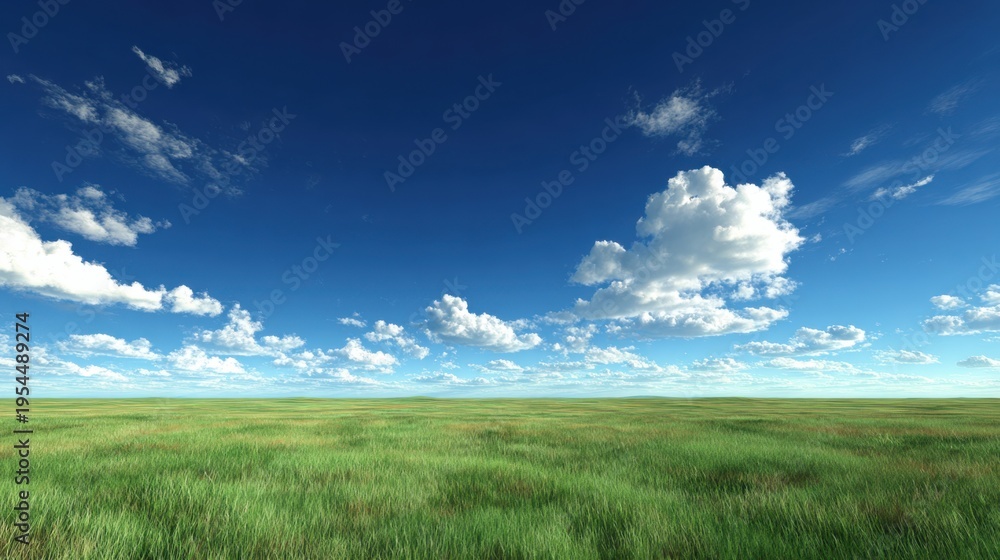 Obraz premium Lush Green Grass Field Under Bright Blue Sky with Fluffy White Clouds in a Calm and Serene Landscape Setting