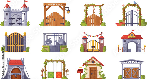 Decorative Gate and Entrance Collection with Castle, Farm, Garden, School and Rustic Doors Cartoon Vector Set for Creative, Fairytale, and Home Designs
