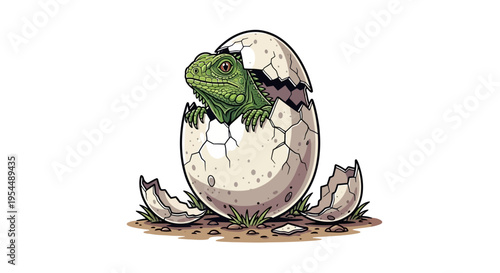 A baby dinosaur hatching from a cracked egg, symbolizing new beginnings and prehistoric life