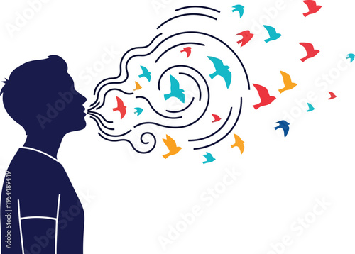 Silhouette of Person Blowing Colorful Birds Concept for Freedom and Creative Inspiration