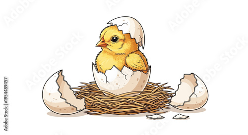 Adorable fluffy yellow chick gracefully breaking free from its eggshell, nestled safely in a rustic bed of straw, symbolizing a fresh start, new life, and the joyful promise of growth and emergence