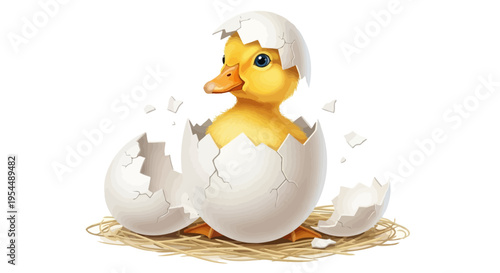 A cute yellow duckling hatching from a white egg, resting on straw, symbolizing new beginnings and spring