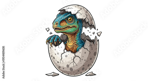 Adorable baby dinosaur hatching from a cracked egg, showcasing its new life with curious eyes and tiny claws peeking out in a whimsical illustration