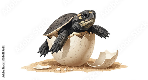 A newly hatched baby sea turtle emerges from its egg on a sandy beach, symbolizing new beginnings, fragility, and the miracle of life in nature, highlighting the delicate start of wildlife