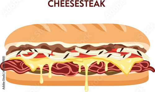 Philadelphia Cheesesteak Sandwich Illustration with Melted Cheese and Grilled Beef