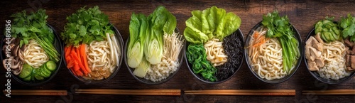 Row of six individual bowls filled with fresh noodles and diverse vegetable toppings displayed on dark wood