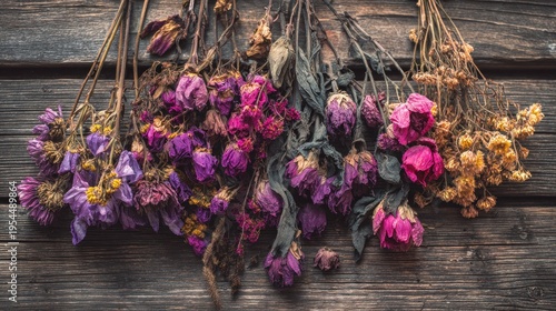 Bundles of dried blossoms hang against a weathered wooden surface.