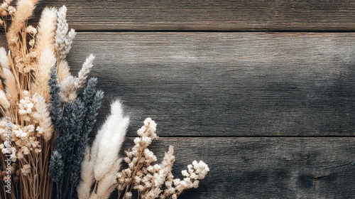 Assortment of dried natural grasses and floral elements arranged on weathered wooden planks creates a rustic background display.