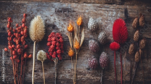 Assortment of colorful dried botanicals arranged on a weathered wooden surface
