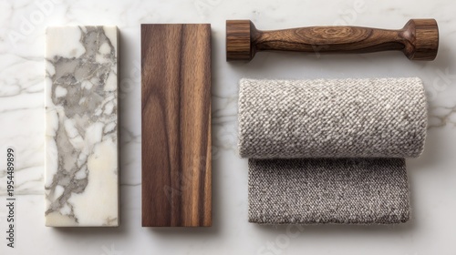 Natural material samples including stone wood and textile swatches display sophisticated interior design potential