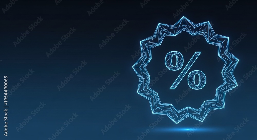 Obraz premium Abstract geometric percentage symbol with glowing blue neon outline on dark digital background representing discount offers and sales promotions.
