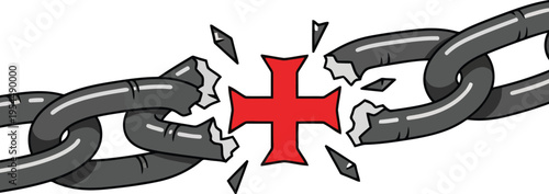 Broken Metal Chain Link with Red Templar Cross Symbol Concept Illustration