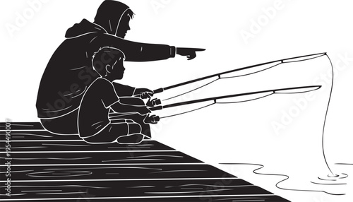 Father and son fishing together on wooden pier at lake silhouette illustration showing family bonding during outdoor recreation