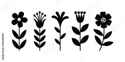 Black and white of five different flower silhouettes plants vector illustration isolated on white background