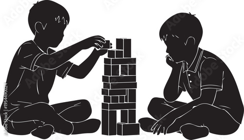 Two boys playing with building blocks tower, concentration and strategy in childhood game, creative fun