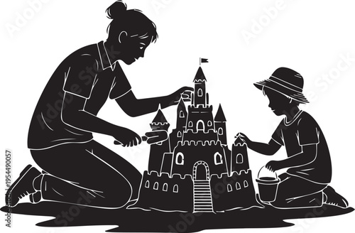 Mother and child building sandcastle together on beach, family bonding and summer vacation fun