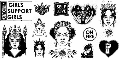 Collection of black and white tattoo flash designs featuring women and empowerment