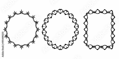 Three black barbed wire frames in oval and rectangular shapes