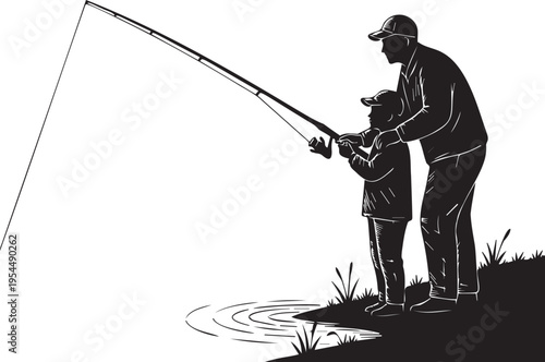 Father and son fishing by water vector silhouette, outdoor recreation, family bonding, teaching child to fish, leisure activity