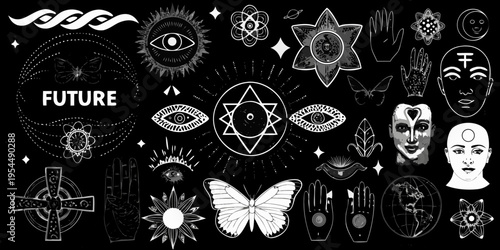 Mystical collection of celestial spiritual and symbolic black and white illustrations