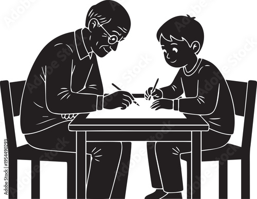 Elderly man teaching young boy to write at table, education vector silhouette, learning together, intergenerational mentorship